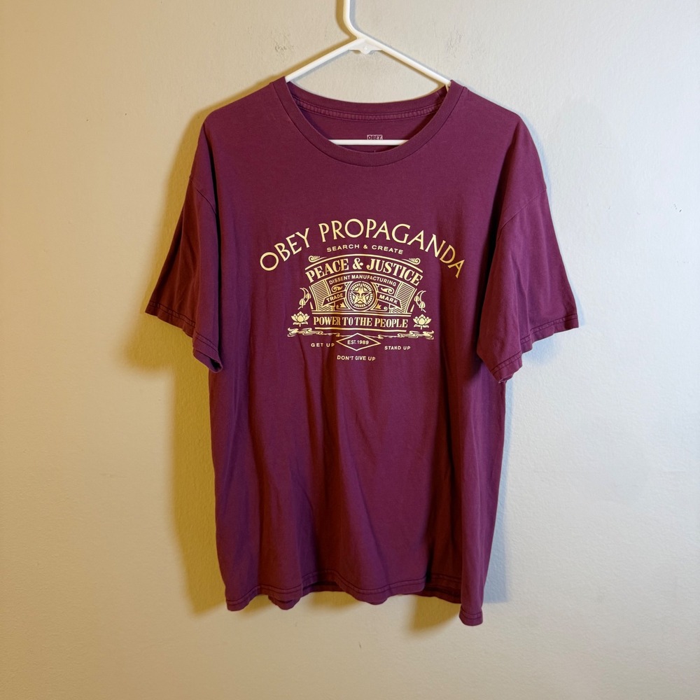 Obey Propaganda Peace Justice Power to the People Graphic T-Shirt Maroon Mens L